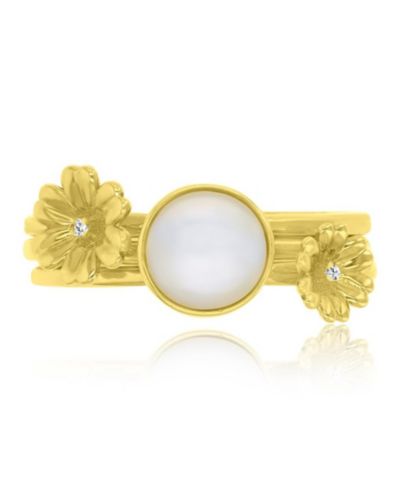 White Mother of Pearl and Diamond Accent Stackable Ring in 14k Yellow Gold Over Sterling Silver