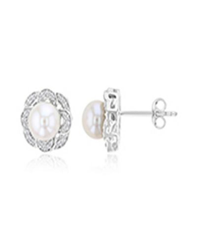 Серьги-гвоздики Macy's Diamond & Imitation Pearl в Rhodium Over Sterling Silver