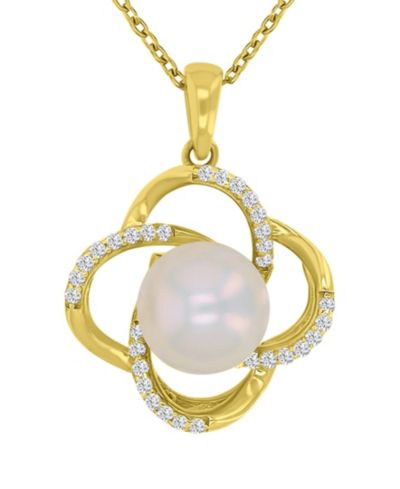 Cultured Freshwater Pearl & Diamond (0.10 ct. t.w.) Necklace in 14k Yellow Gold Over Sterling Silver
