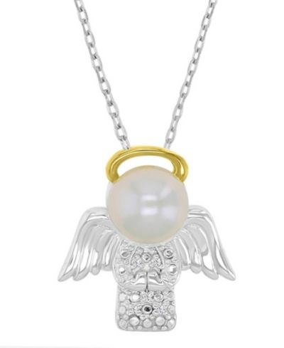 Ожерелье Macy's Angel с бриллиантом (0.01 ct. t.w.) и имитацией жемчуга, 14k yellow gold поверх sterling silver