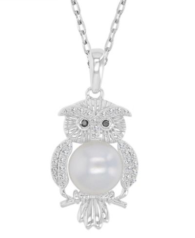 Cultured Freshwater Pearl, Onyx and Diamond Accent Owl Pendant Necklace
