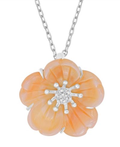 Pink Mother of Pearl and Diamond Accent Flower Necklace in Rhodium Over Sterling Silver
