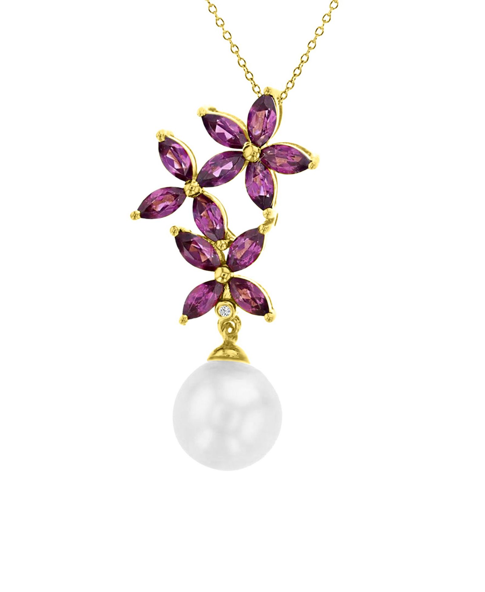 Macy's Ожерелье с цветами, имитация жемчуга, граната (1.2 ct. t.w.) и бриллиантов (0.002 ct. t.w.)