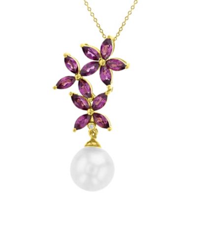 Macy's Ожерелье с цветами, имитация жемчуга, граната (1.2 ct. t.w.) и бриллиантов (0.002 ct. t.w.)
