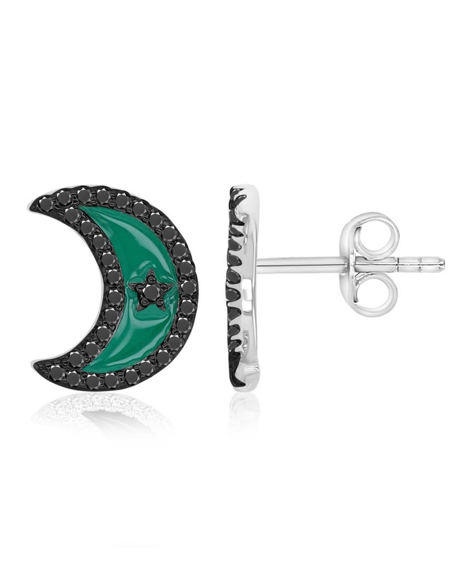Серьги Macy's Black Spinel Half Moon Stud Earrings в Rhodium Over Sterling Silver