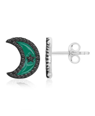 Серьги Macy's Black Spinel Half Moon Stud Earrings в Rhodium Over Sterling Silver