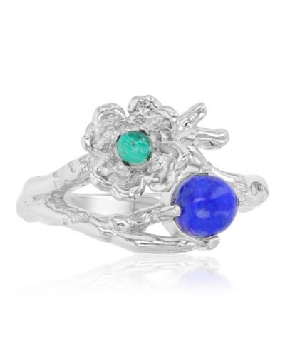 Кольцо в виде цветка с малахитом (0.14 ct. t.w.) и лазуритом (5 mm) из стерлингового серебра с родиевым покрытием