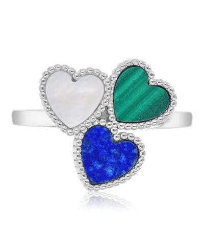 Комплект колец Macy's Malachite (0.8 ct. t.w.) Lapis & Imitation Pearl Tri-Hearts в Rhodium Over Sterling Silver