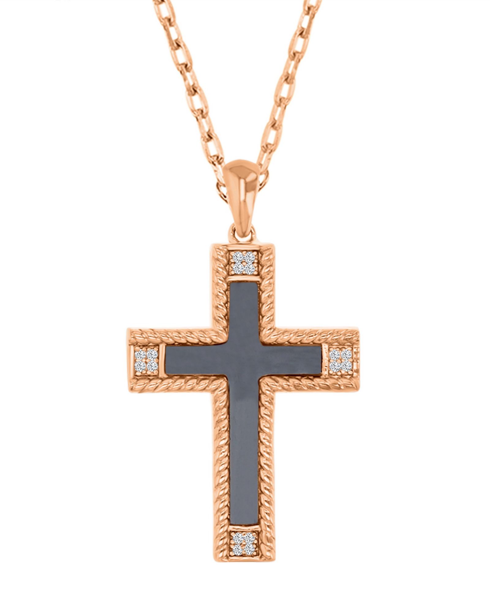 Macy's Onyx and Diamond (0.048 ct. t.w.) Cross Necklace in 10k Rose Gold