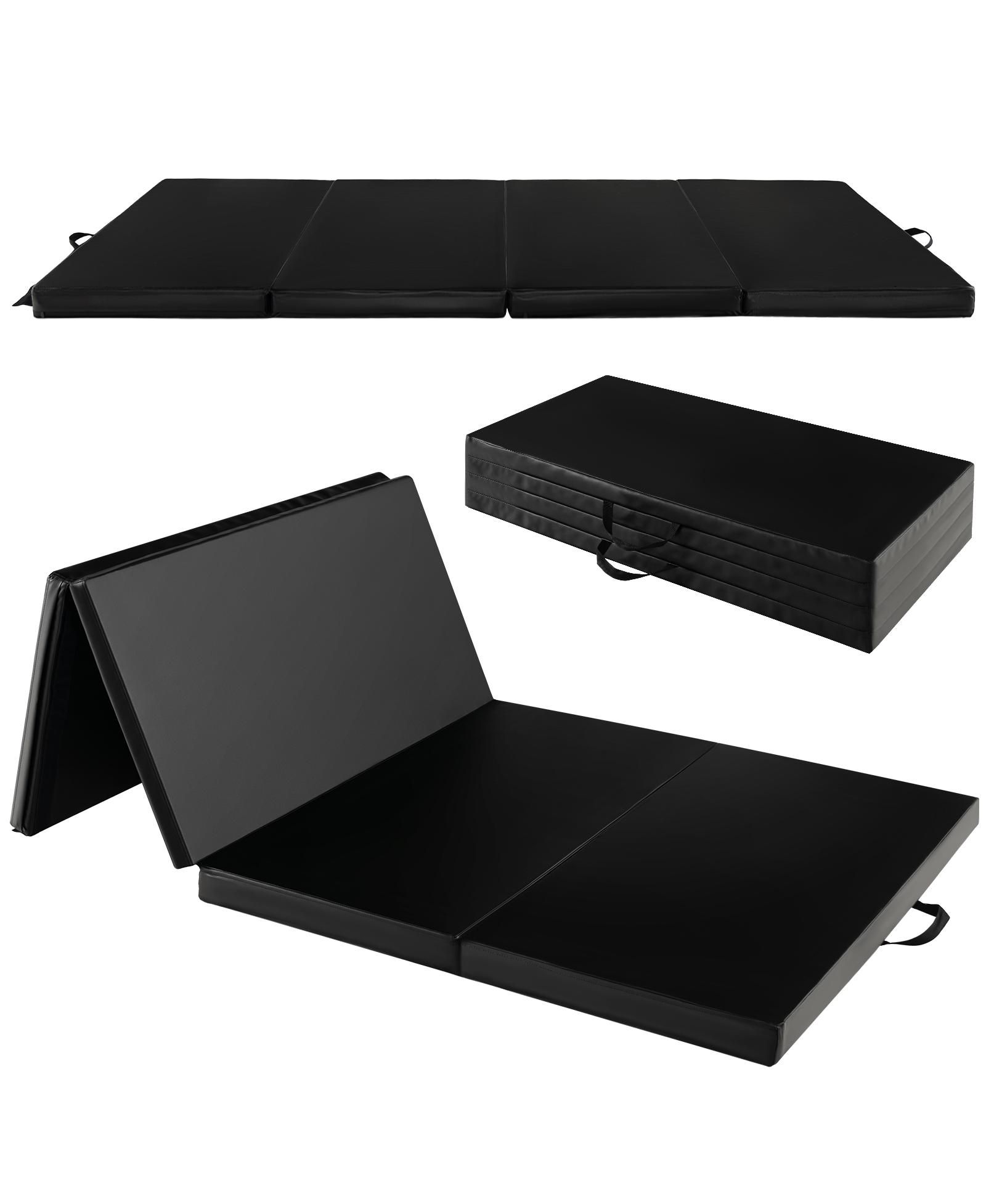 Folding Gymnastics Mat with Carry Handles and Sweatproof Detachable PU Leather Cover-Black