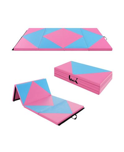 8 Feet PU Leather Folding Gymnastics Mat Pink Blue with EPE Foam and Carry Handles