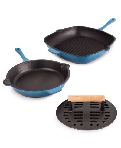 BergHOFF Neo 3pc Cast Iron Fry Pan and Grill Pan Set with Slotted Steak Press