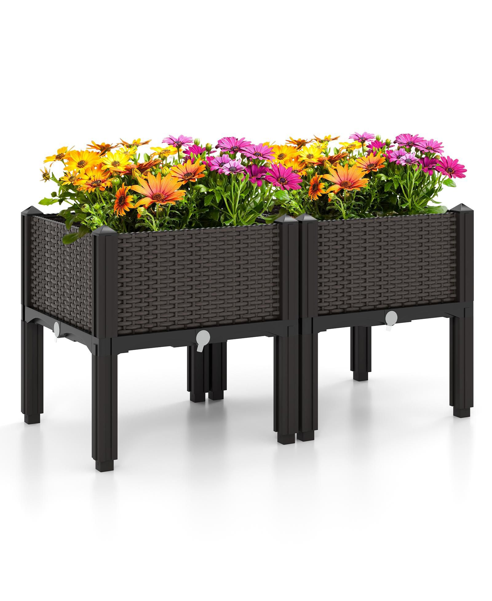 SKONYON 2 Set Elevated Plastic Raised Garden Bed Planter Kit for Flower Vegetable Grow-Brown 16" x 16" x 18"