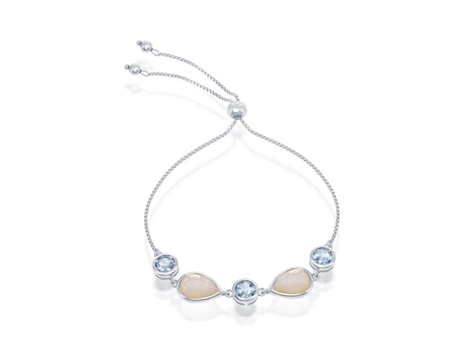 Simona Sterling Silver Blue Topaz and Mother of Pearl Adjustable Bolo Bracelet