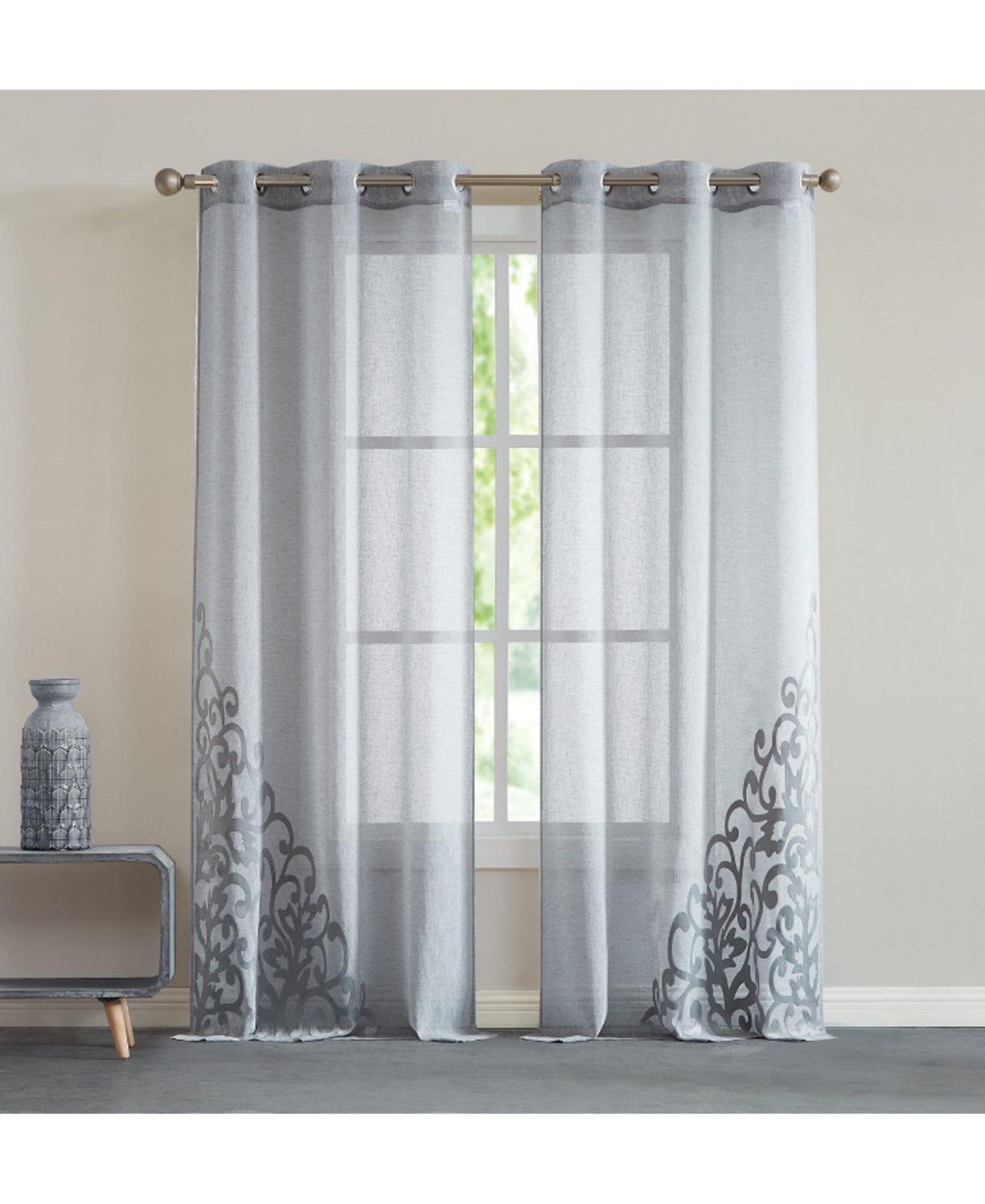Natalie Linen Textured With 3D Velvet Scroll Design Light Filtering Window Panel Set, 76" W x 96" L