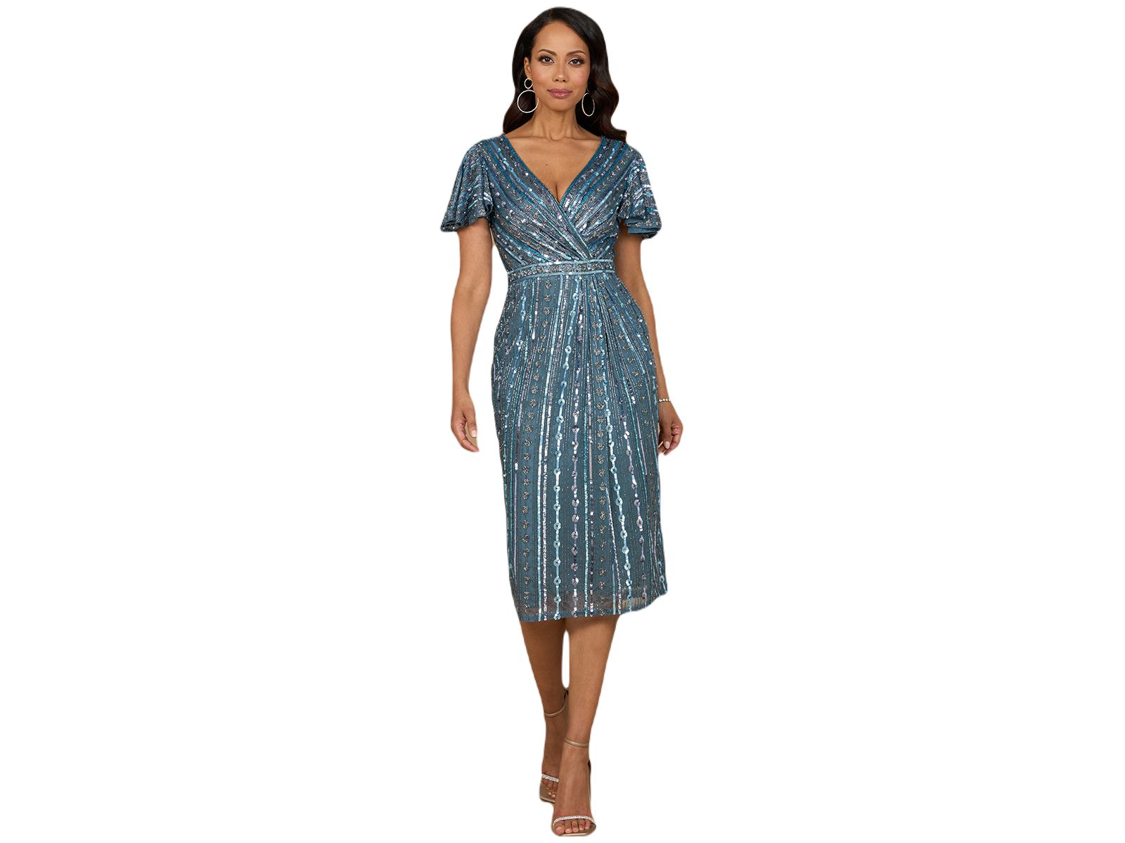 LARA Women's Beaded Midi Dress with Flutter Sleeves