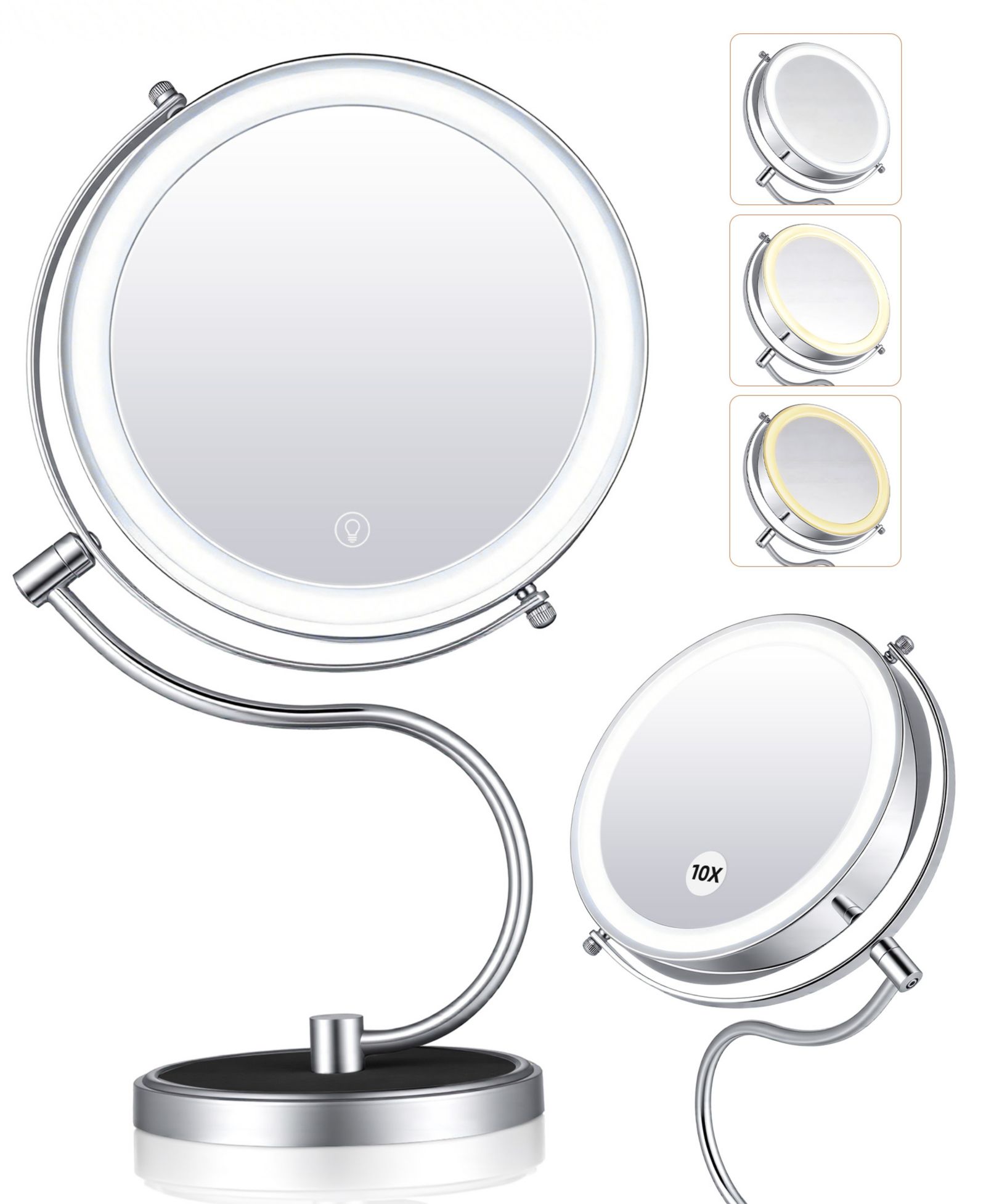 GIVIMO 9" Rechargeable LED Vanity Mirror with 1X/10X Magnification, 3 Light Settings, 360° Swivel, Stainless Steel Double-Sided Makeup Mirror