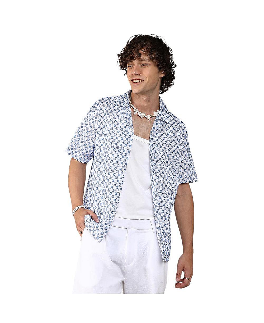 Campus Sutra Men's Chalk White & Prussian Blue Embroidered Checkered Shirt