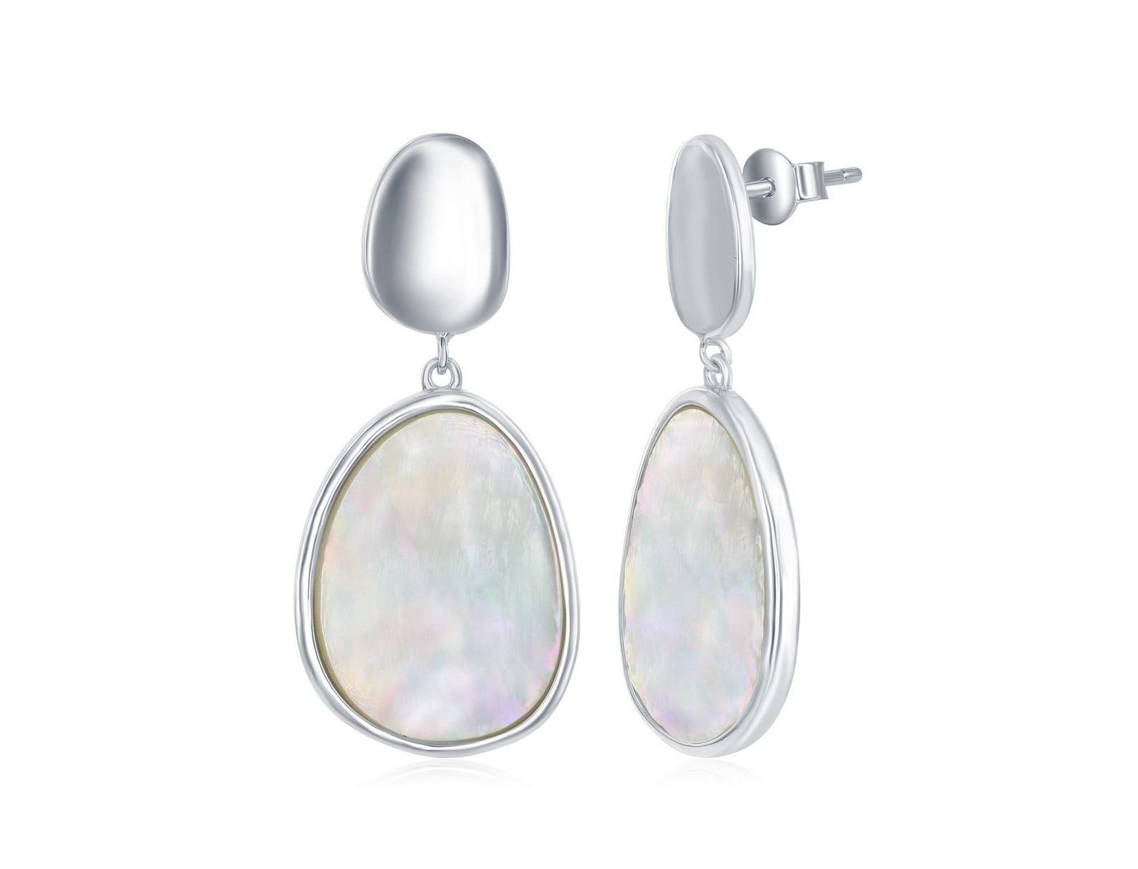 Simona Sterling Silver Shiny Oval Disc and Mother of Pearl Earrings
