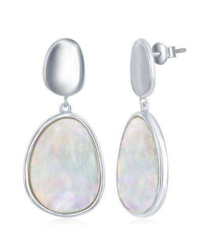Simona Sterling Silver Shiny Oval Disc and Mother of Pearl Earrings
