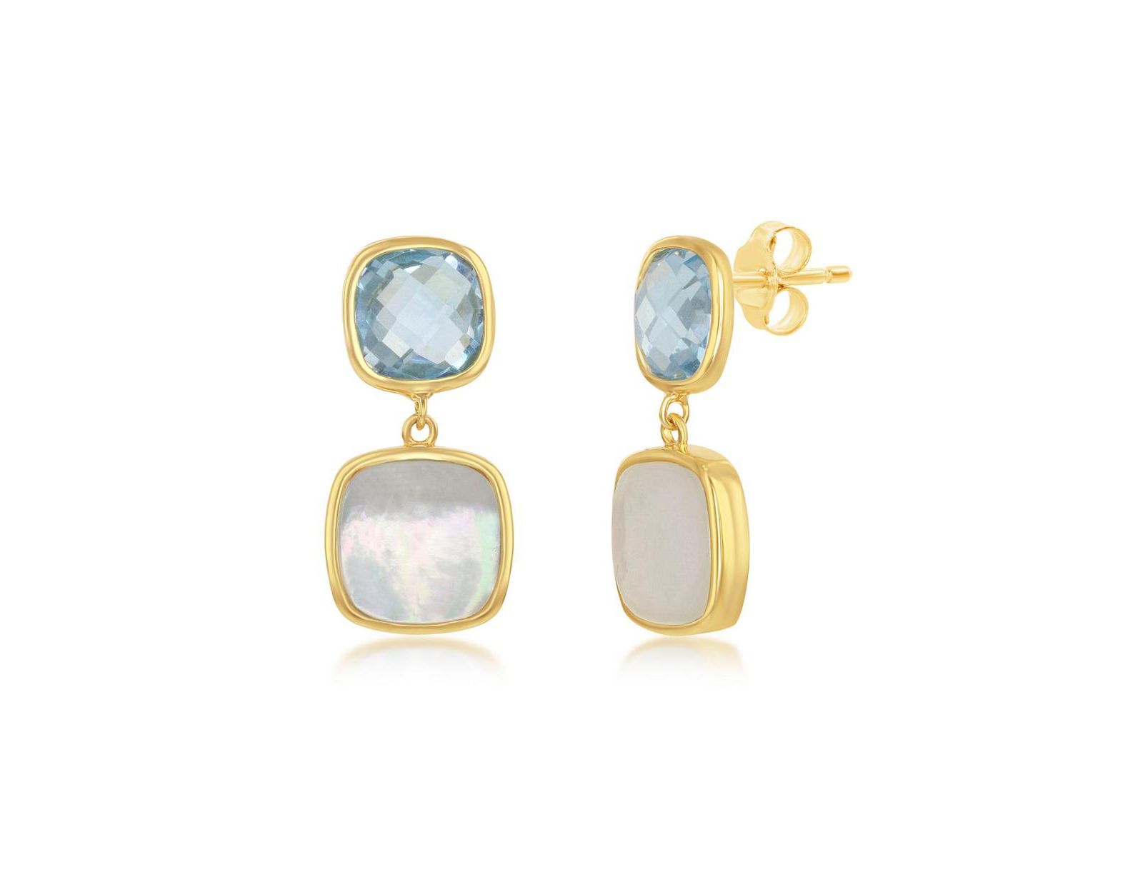 Simona Sterling Silver Double Square Blue Topaz and Mother of Pearl Earrings - Gold Plated