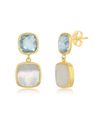 Simona Sterling Silver Double Square Blue Topaz and Mother of Pearl Earrings - Gold Plated