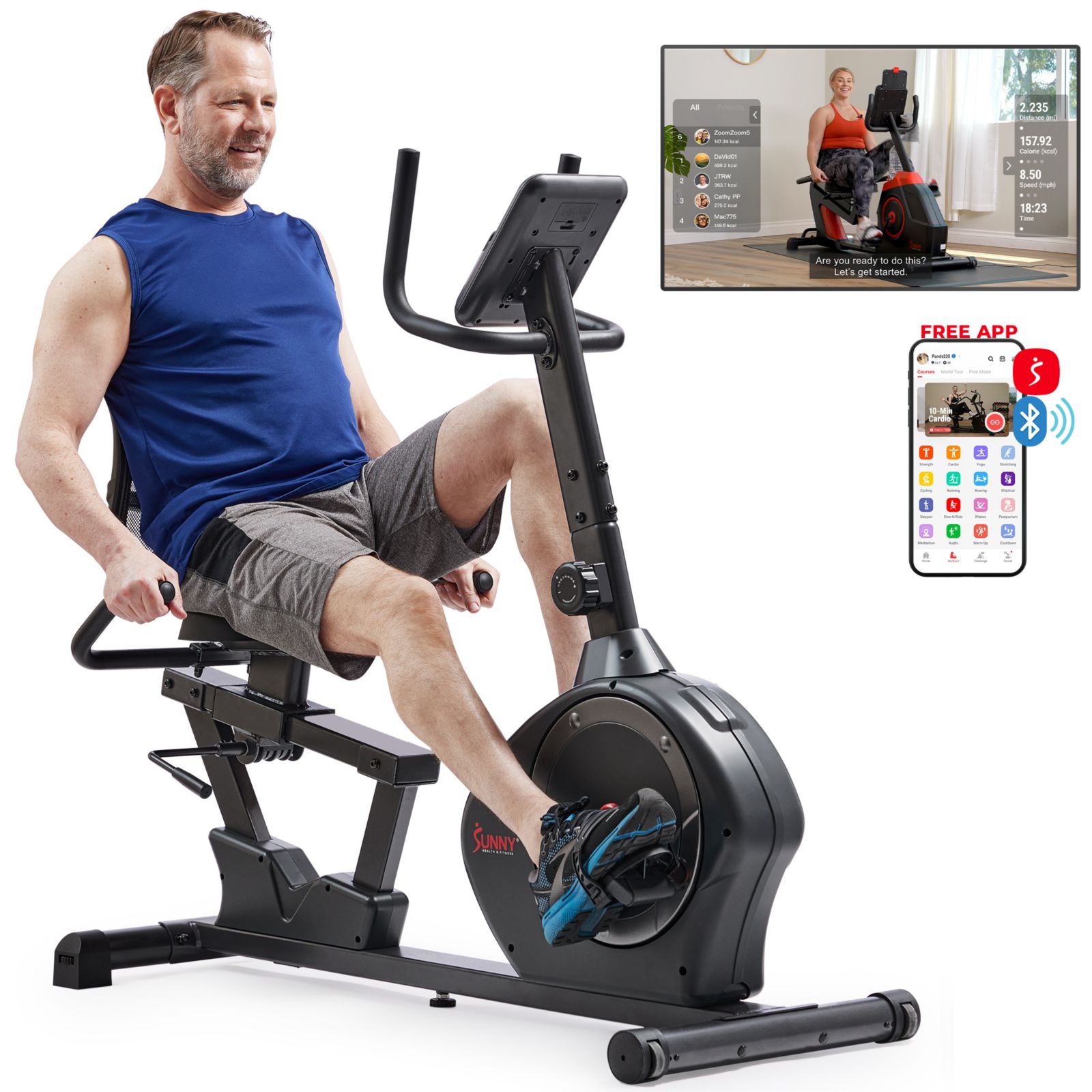 Умный велотренажер Sunny Health & Fitness, грузоподъемность 350LB, с эксклюзивным приложением SunnyFit Bluetooth Link