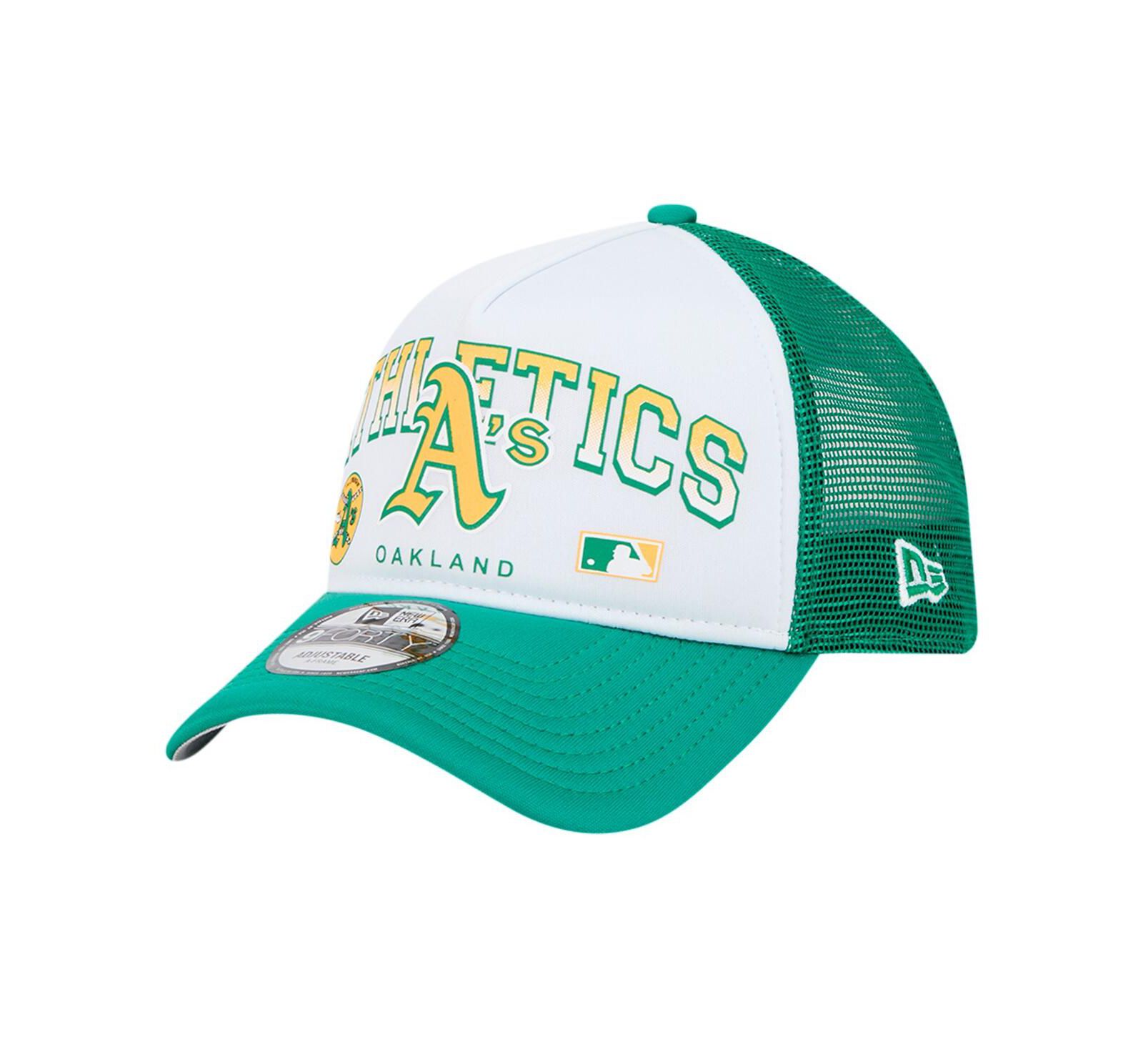 Мужская регулируемая кепка New Era White Oakland Athletics Retro Wordmark 9FORTY A-Frame Trucker