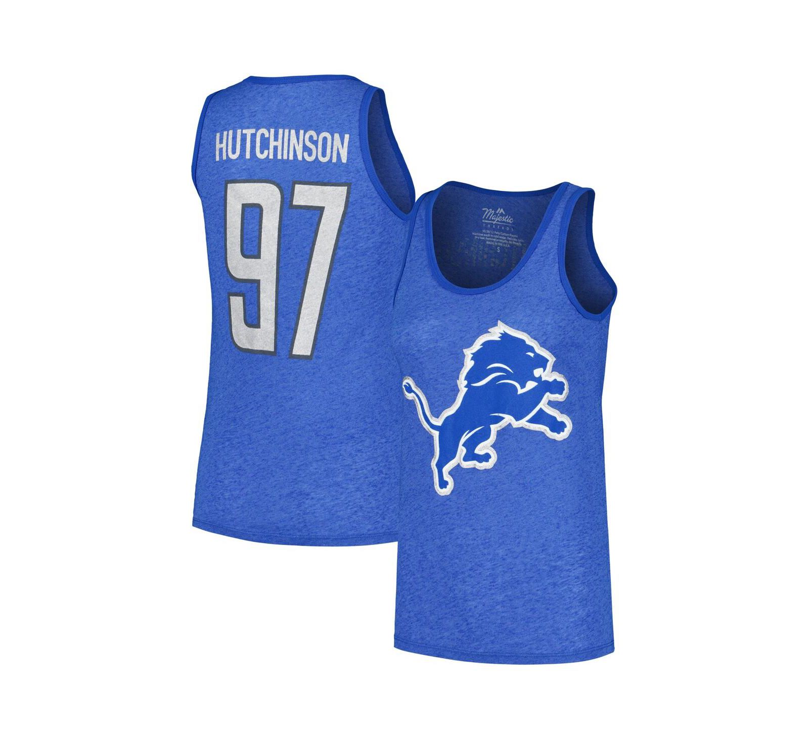 Женский майка-топ Majestic Aidan Hutchinson Heather Blue Detroit Lions Name & Number Tri-Blend
