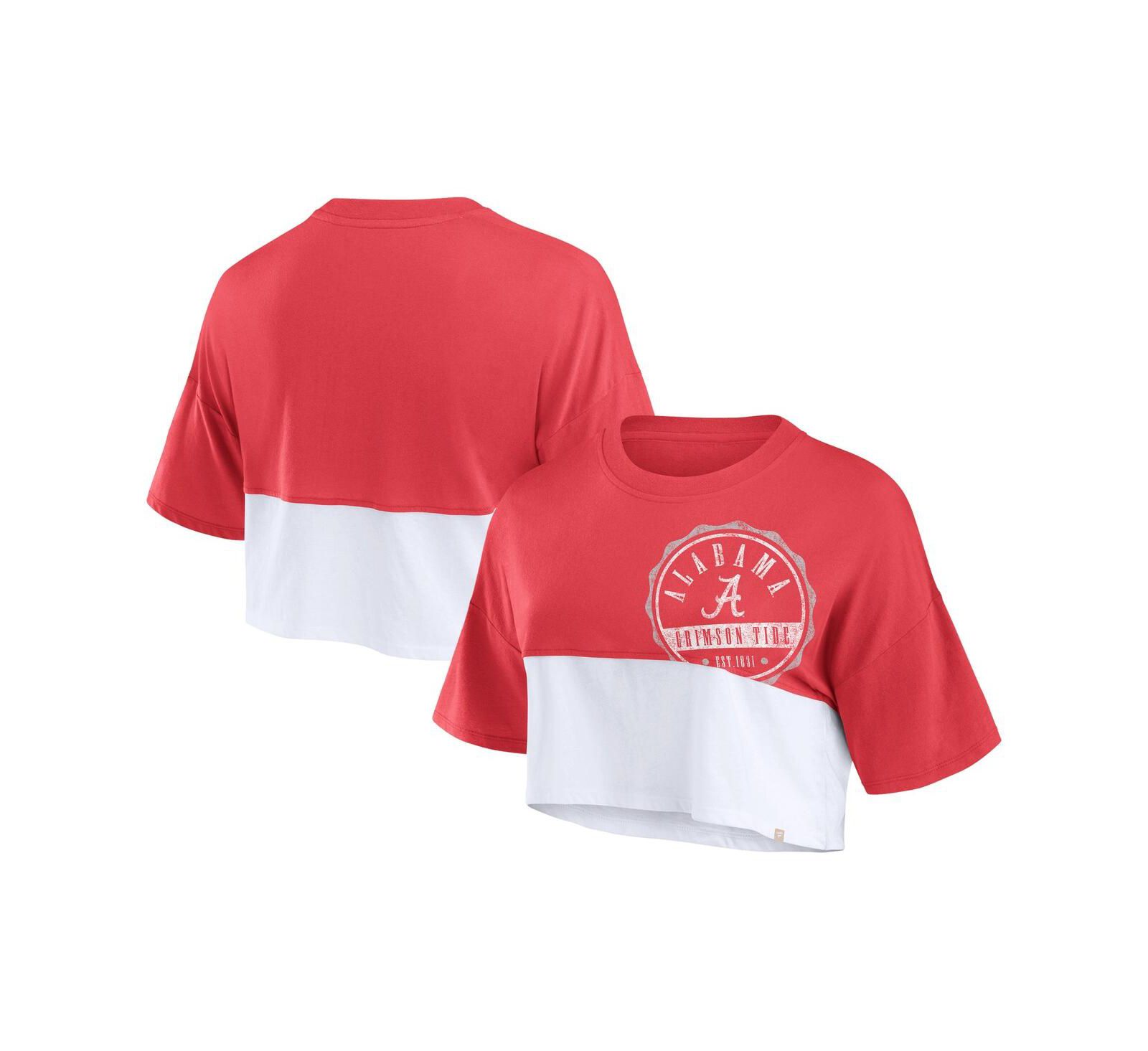 Женская укороченная футболка Fanatics Crimson/White Alabama Crimson Tide Oversized Badge Color block