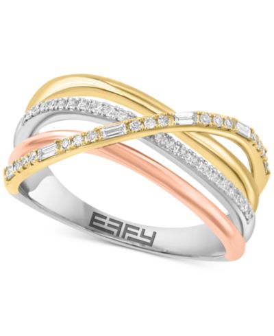 EFFY® Diamond Round & Baguette Crossover Statement Ring (1/4 ct. t.w.) in 14k Tricolor Gold