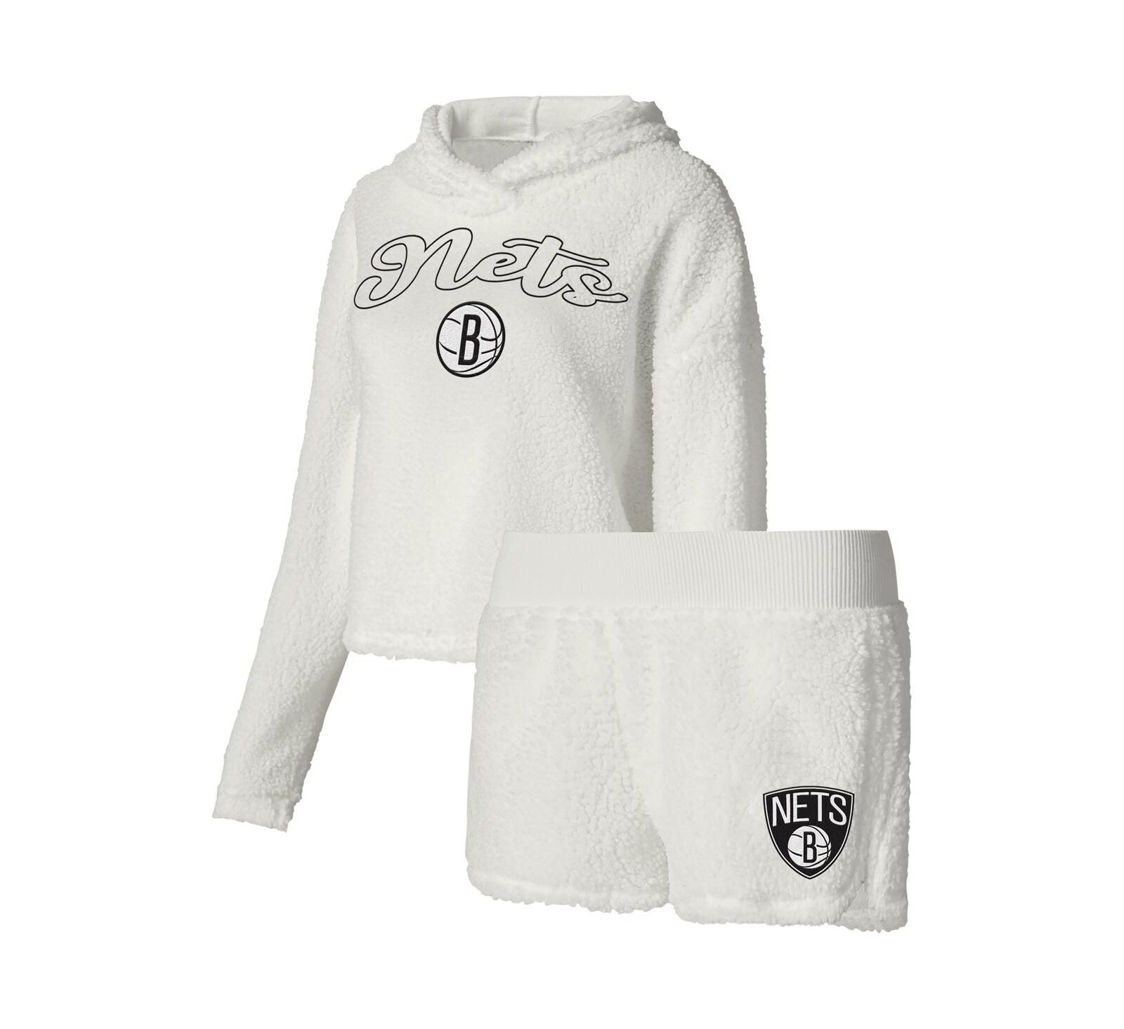College Concepts Women's Cream Brooklyn Nets Fluffy Long Sleeve Hoodie T-Shirt Shorts Sleep Set