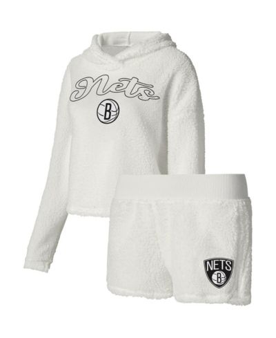 College Concepts Women's Cream Brooklyn Nets Fluffy Long Sleeve Hoodie T-Shirt Shorts Sleep Set
