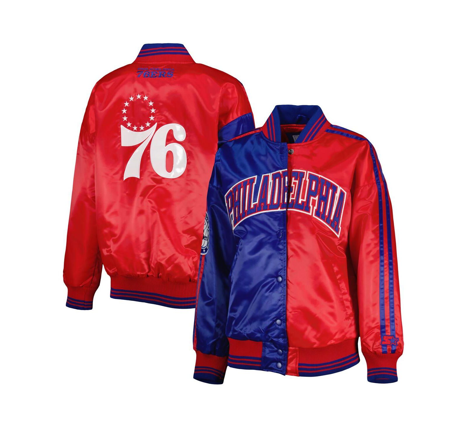 Starter Women's Royal/Red Philadelphia 76ers Split Colorblock Satin Full-Snap Varsity Jacket