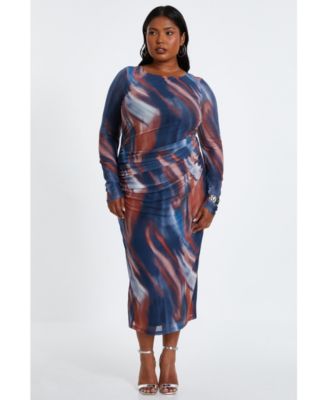 QUIZ Women's Plus Size Mesh Long Sleeve Midaxi Dress