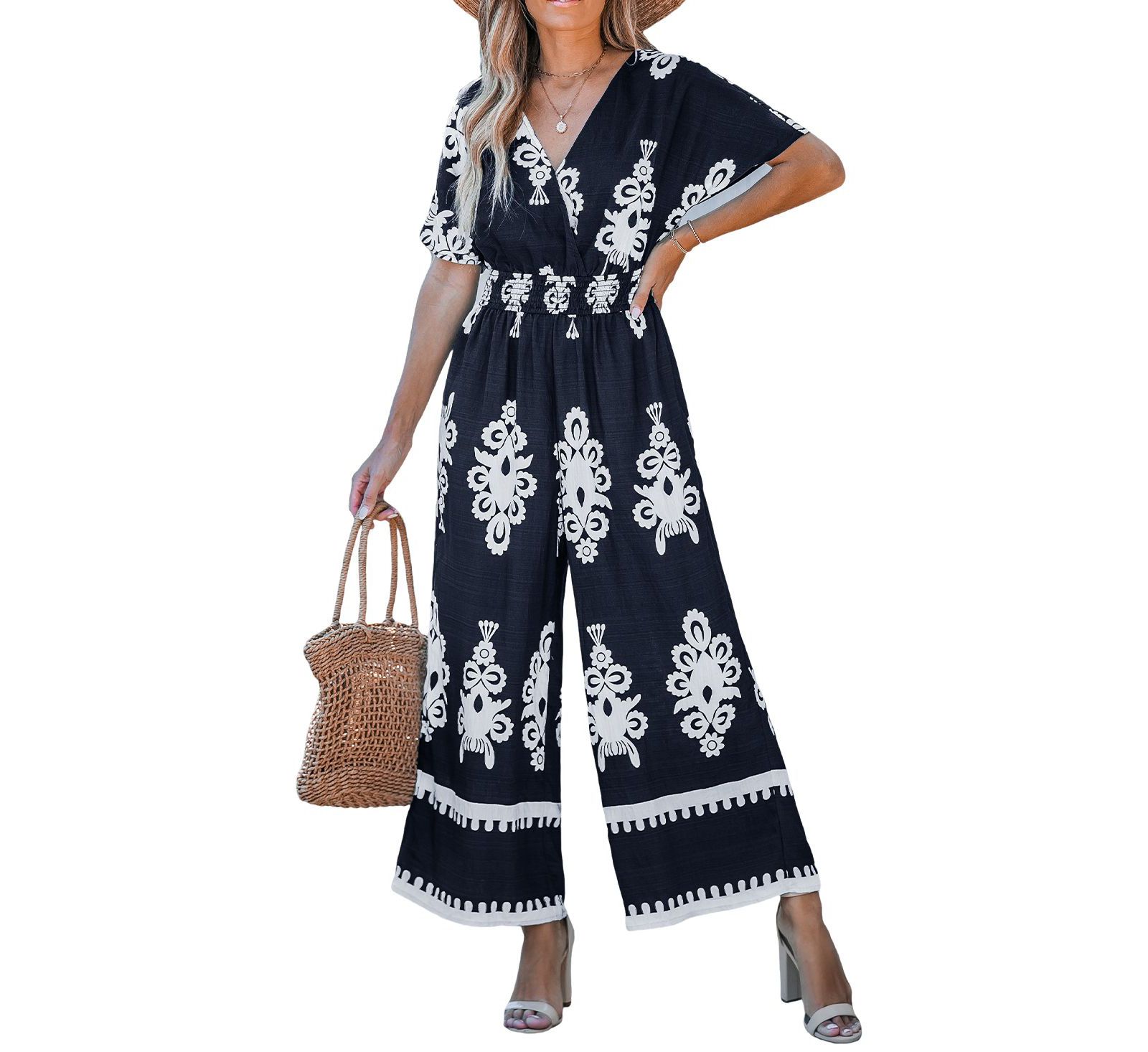Женский комбинезон Cupshe Women's Navy Smocked Waist Wide Leg
