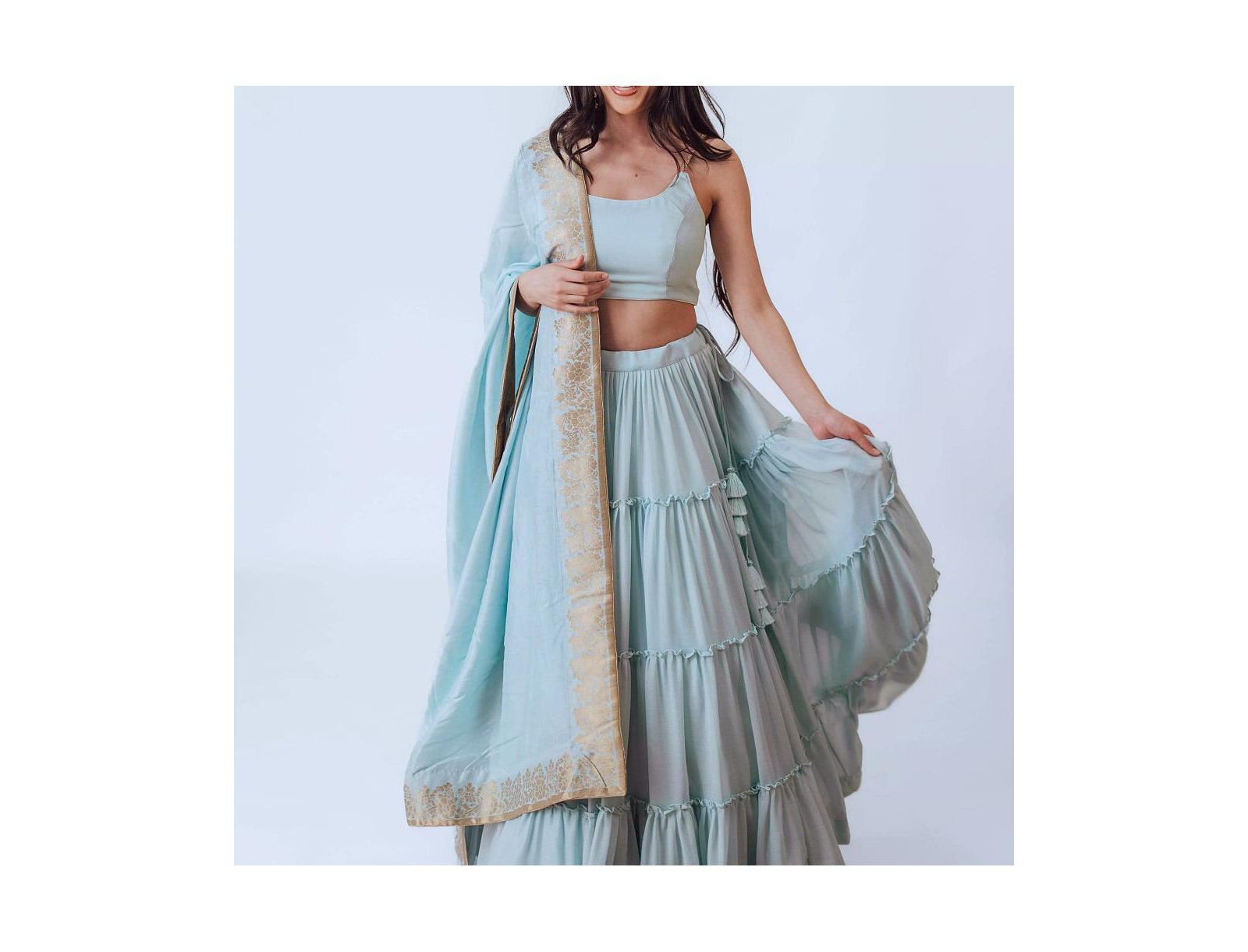 RAAS Women's Shimmer Sky Blue Tiered Skirt with Blouse and Dupatta