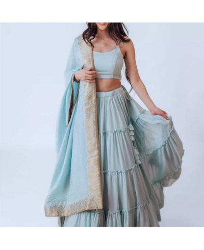 RAAS Women's Shimmer Sky Blue Tiered Skirt with Blouse and Dupatta