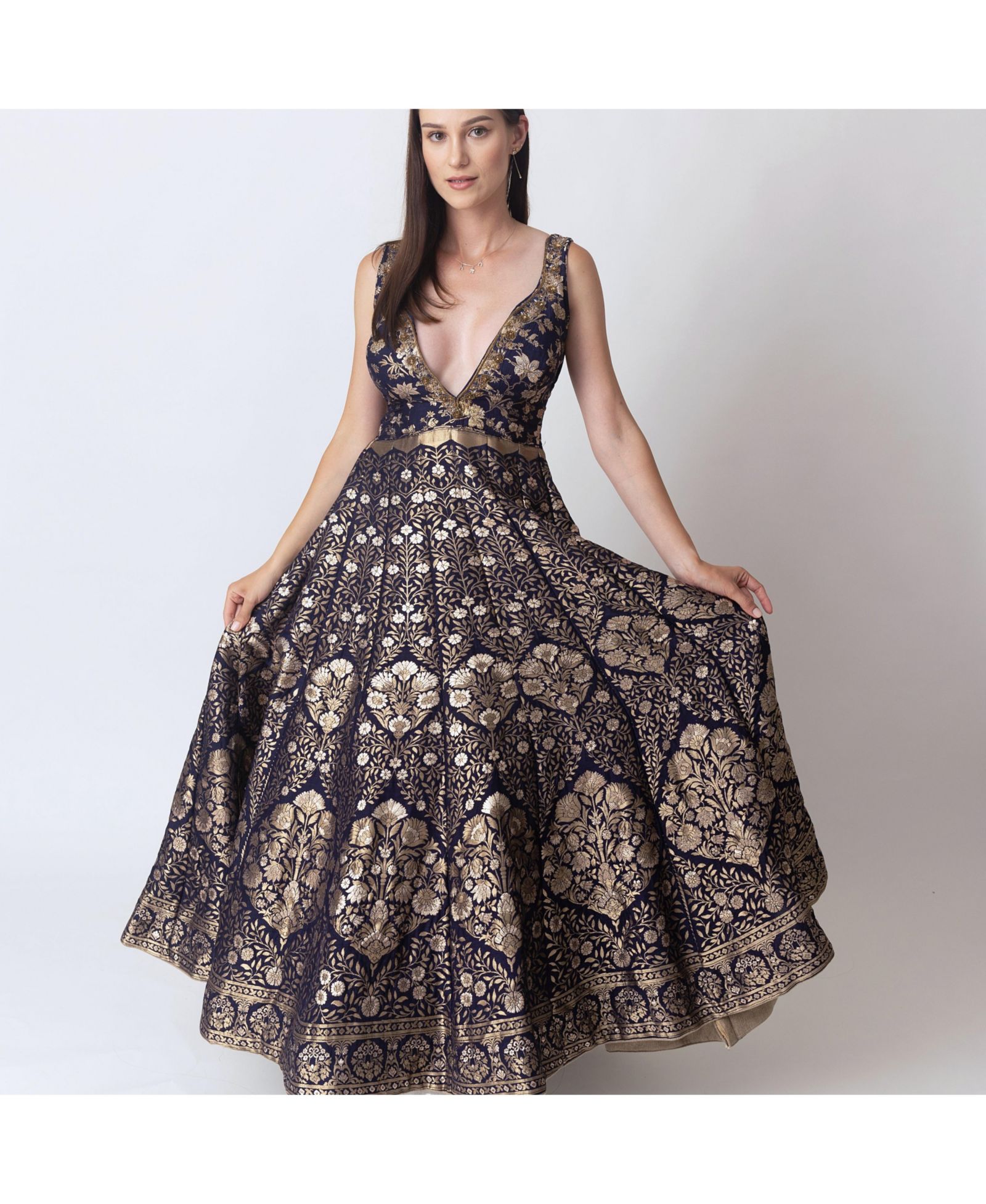 RAAS Women's Blue and Gold Brocade Gown