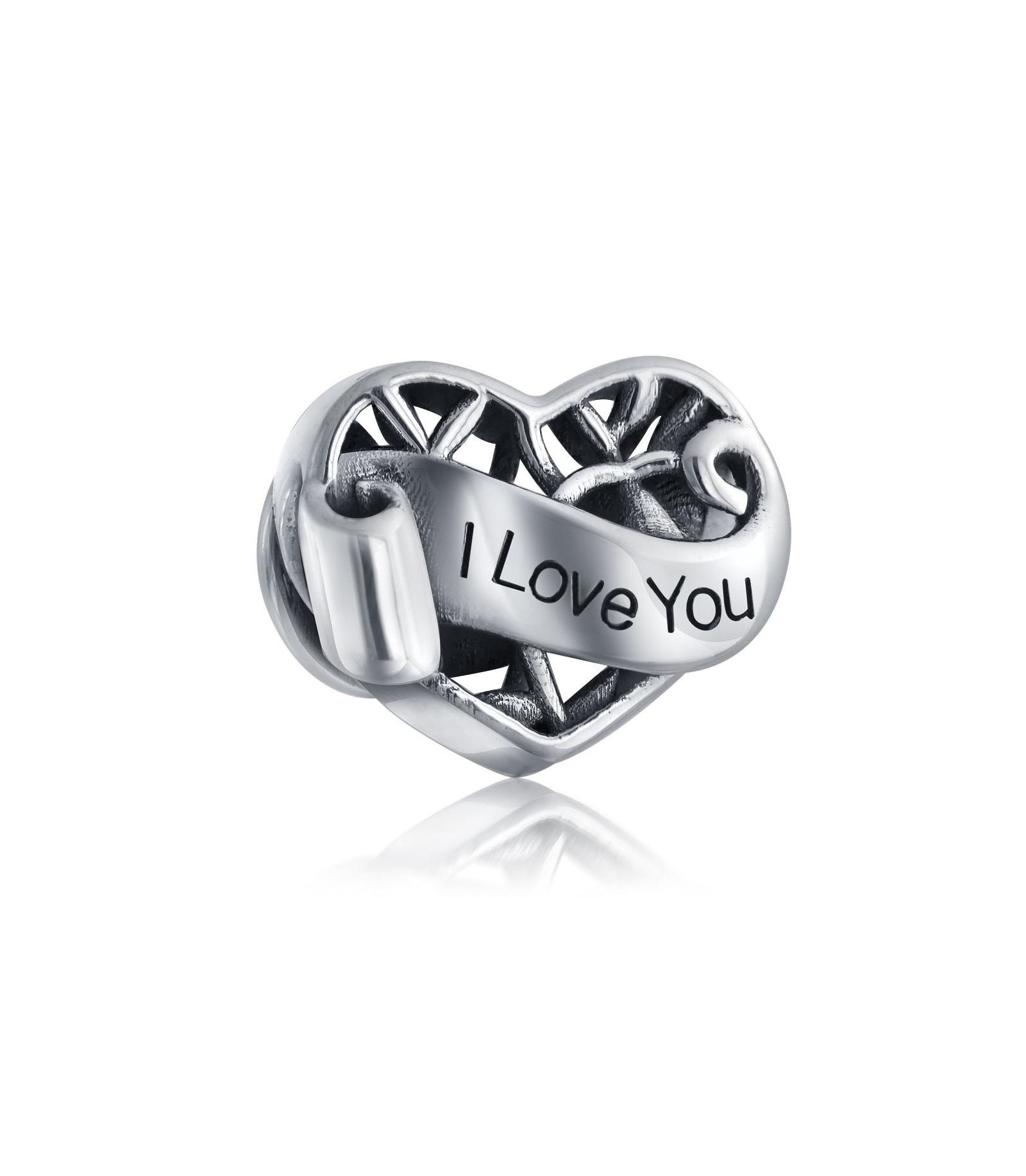 Bling Jewelry I Love You Filigree Heart Charm Bead Oxidized .925 Sterling Silver For Bracelet
