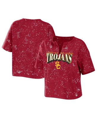WEAR by Erin Andrews Women's Cardinal USC Trojans Bleach Wash Splatter Cropped Notch Neck T-Shirt