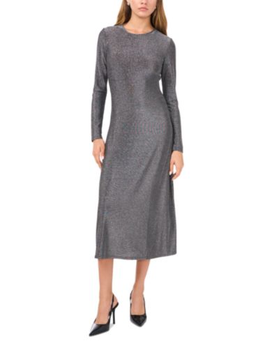 1.STATE Women’s Round-Neck Long-Sleeve Metallic Midi Dress