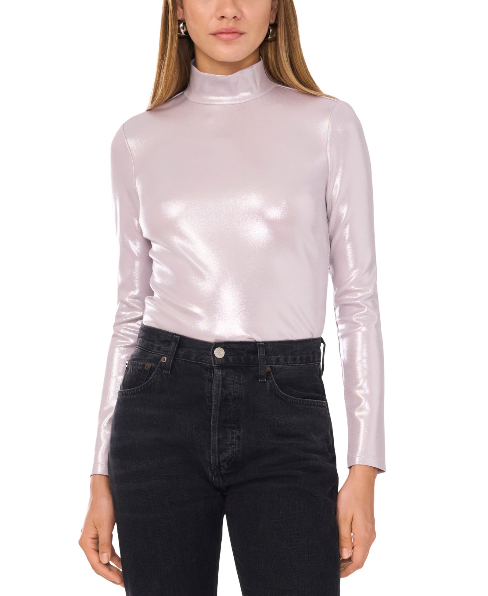 1.STATE Women's High-Neck Long-Sleeve Metallic Top
