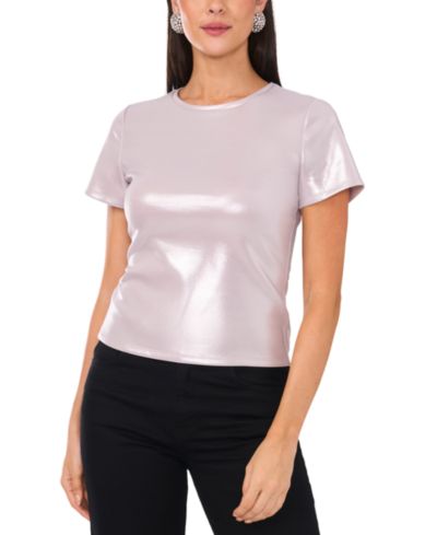 1.STATE Women's Short Sleeve Crew Neck Metallic T-Shirt