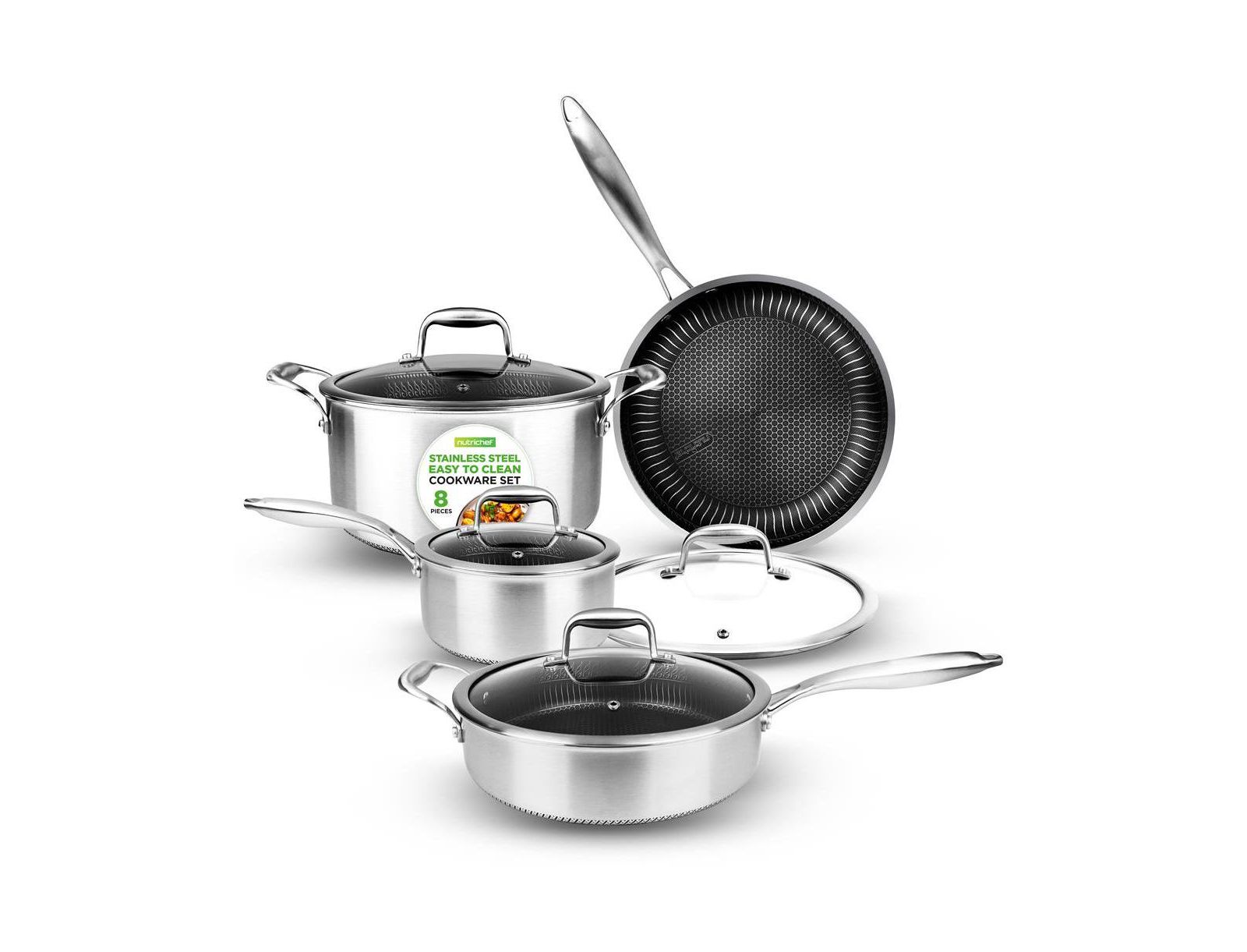 NutriChef Kitchenware Pots & Pans Set - Triply Stainless Steel Cookware, Non-Stick Coating Inside and Outside (8-Piece Set)