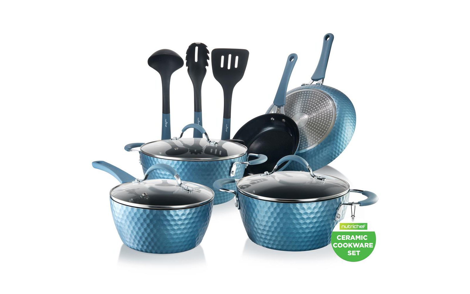 NutriChef 11-Piece Nonstick Cookware Set with Ceramic Coating, Induction Ready Pots and Pans, Ergonomic Handles
