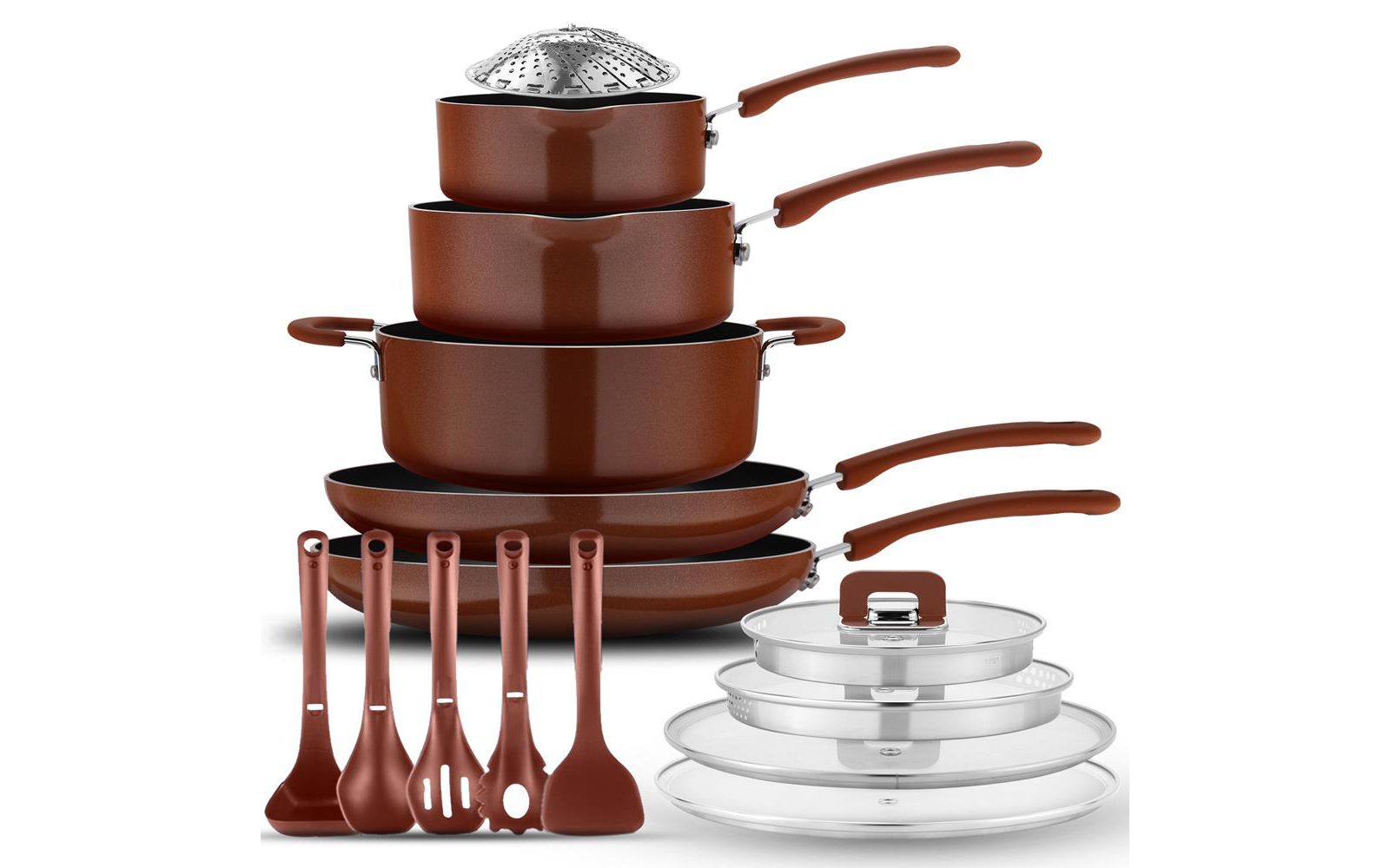 NutriChef Nonstick  Space Saver 17-Piece Cookware Set - Brown Pots and Pans