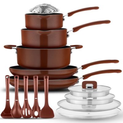 NutriChef Nonstick  Space Saver 17-Piece Cookware Set - Brown Pots and Pans