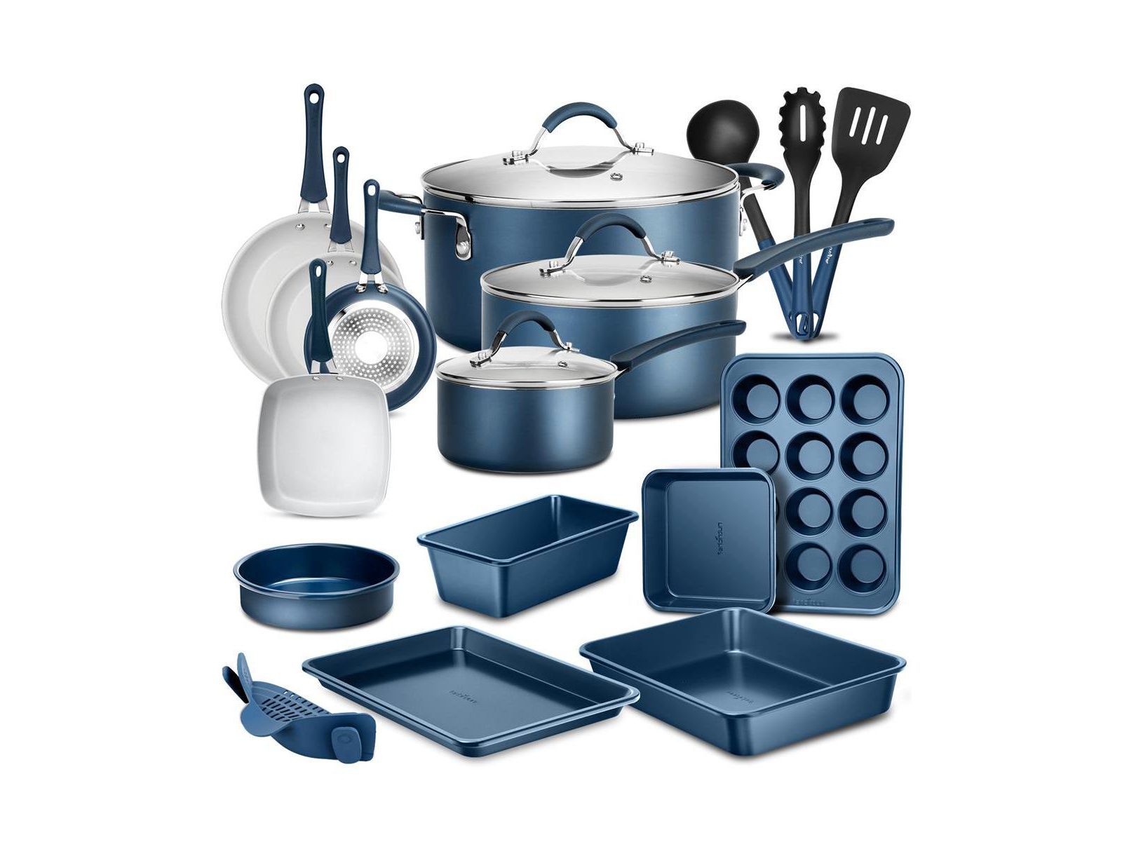 NutriChef Professional 20 Pc Kitchen Set in Navy Blue - Durable Non-Stick Pots and Pans with Bakeware, Compatible with Any Cooktop, Easy Clean