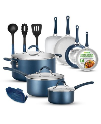 NutriChef 14-Piece Navy Blue Cookware Set - Durable Non-Stick Pots and Pans Set with Lids & Utensils, Compatible with All Cooktops